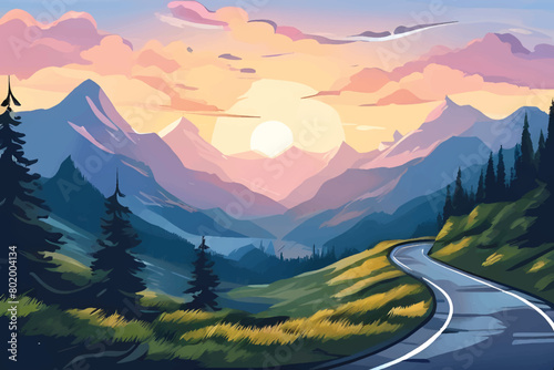 Beautiful Mountains Landscape with sunset view. Vector background. Road through mountains. Sunset in beautiful countryside with mountain and road. © Usama
