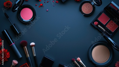 This is a flat lay image of various makeup products including eyeshadow palettes, lipstick, blush, brushes, and other cosmetics.