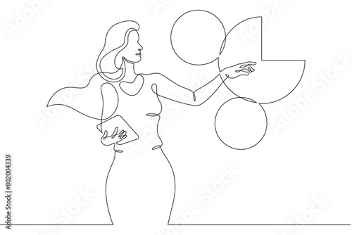 One continuous line.Woman businesswoman speaks at a presentation. A project with graphs and diagrams. Manager scientist teacher tells at the blackboard with a drawing.Continuous line drawing.Lineart i