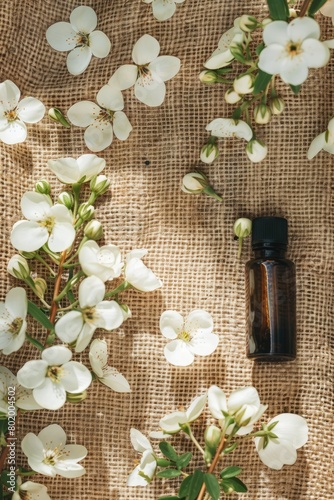 rosalina essential oil on burlap background photo