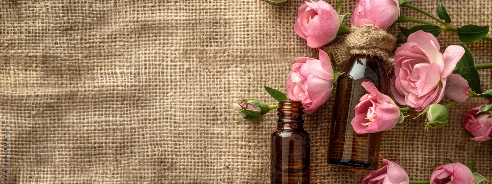 rosalina essential oil on burlap background rosalina essential oil on burlap background