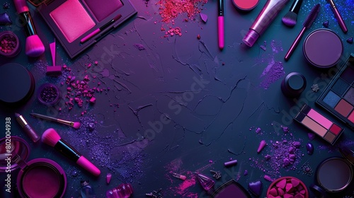 This is a flat lay image of various makeup products including eyeshadow palettes, lipstick, blush, brushes, and other cosmetics.