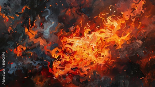 Produce a dynamic oil painting capturing a fire at eye-level angle Use bold brushstrokes to evoke flickering flames, billowing smoke, and glowing embers