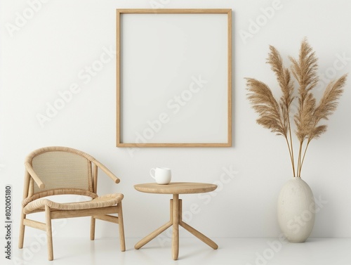 Frame mockup, simple and modern wooden table home interior design background, wall poster frame mockup, 3d render
