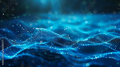 Dynamic Blue Particle Waves with Light Effects. Digital artwork featuring dynamic waves of blue particles with shimmering light effects on a dark background.