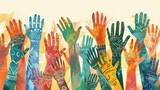 An illustration showcasing a collection of diverse and colorful hands raised up. Unity, participation, diversity, and the power of collective action in our multicultural society