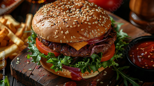 Deluxe Cheeseburger with Sesame Seed Bun and Fries