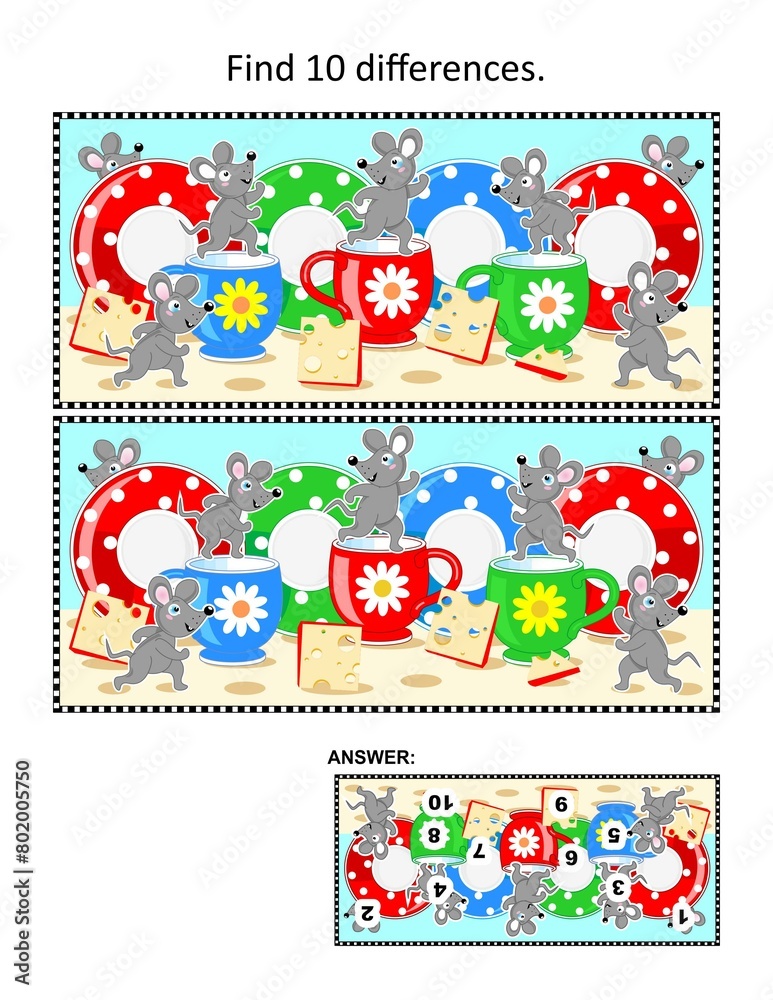 Fototapeta premium Difference game with mice, cheese, dishware 