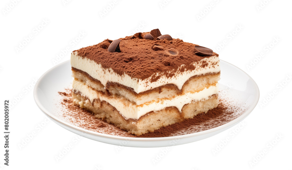 A delectable slice of tiramisu on a white plate, dusted with cocoa powder, against a transparent background. Generative AI A delectable slice of tiramisu on a white plate, dusted with cocoa powder, against a transparent background. Generative AI
