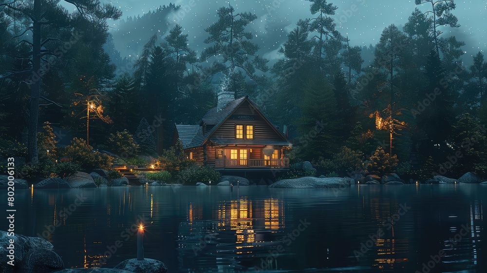 A tranquil lakeside retreat surrounded by towering pine trees, with a rustic cabin nestled among the foliage. Soft candlelight glimmers through the windows. Generative AI. A tranquil lakeside retreat surrounded by towering pine trees, with a rustic cabin nestled among the foliage. Soft candlelight glimmers through the windows. Generative AI.
