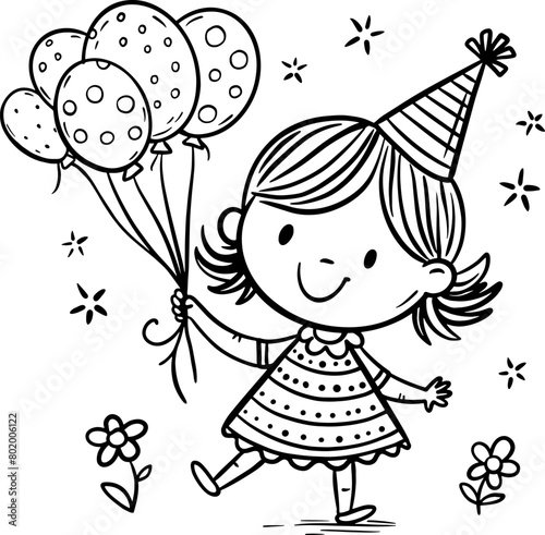 Canvas Print Cute cartoon little girl in a birthday cap walking outdoors with balloons, kids