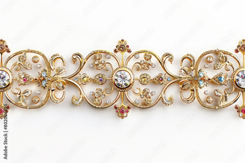 Design a luxurious and elegant wedding invitation border. Create intricate gold page divider bars with beautiful jewels and gems, set against a white background Design a luxurious and elegant wedding invitation border. Create intricate gold page divider bars with beautiful jewels and gems, set against a white background