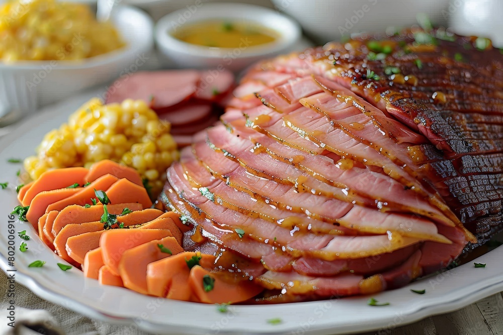 Artfully arranged cured ham slices, fresh carrot juice, and homemade mustard sauce on wooden table