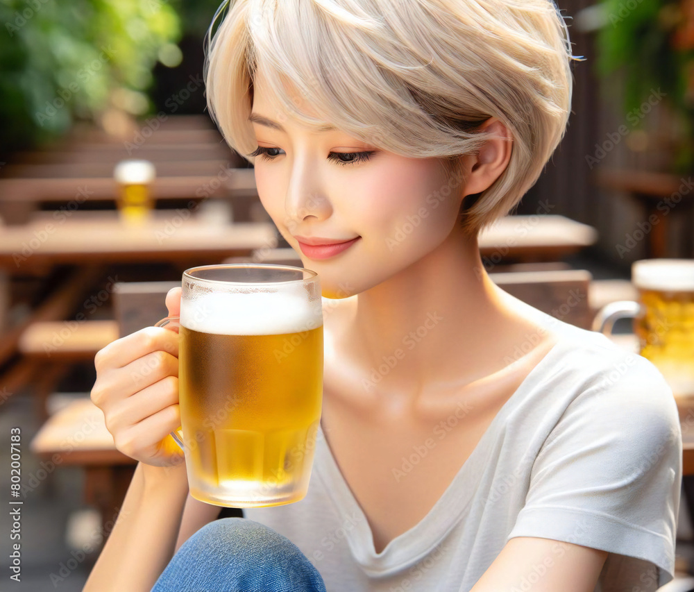 ビアガーデンでビールを楽しむ女性
ビアガーデンでビールを楽しむ女性