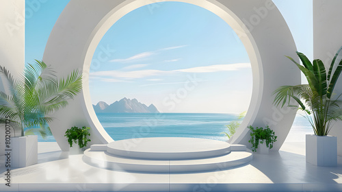 Scene with geometrical forms, arch with a podium in natural daylight. Sea view. Summer scene. 3D render background. © Prasanth