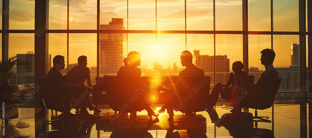 Business startup team silhouette. Having a meeting on the couch. An open office with a lot of space. Intentional sun glare and lens flares. Generative AI. Business startup team silhouette. Having a meeting on the couch. An open office with a lot of space. Intentional sun glare and lens flares. Generative AI.