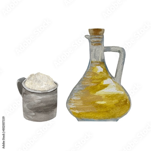 Olive oil flour cup set illustration watercolor