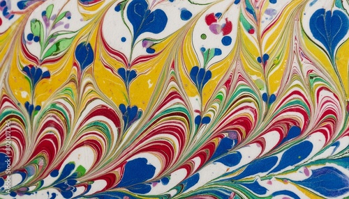 An abstract Turkish ebru marbled paper texture in white  blue  red yellow and green