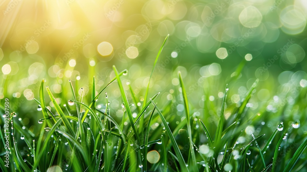 green grass with morning dew and a blurred background with a bright yellow sun spot in the top left corner.