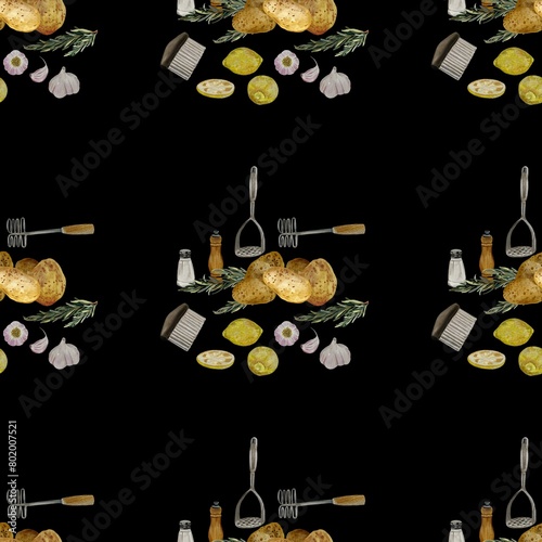Potato mashers lemon a watercolor black pattern 