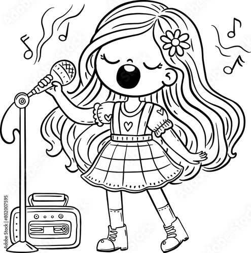 Cute cartoon girl singing song into microphone, standing on stage. Kids creative activities outline illustration