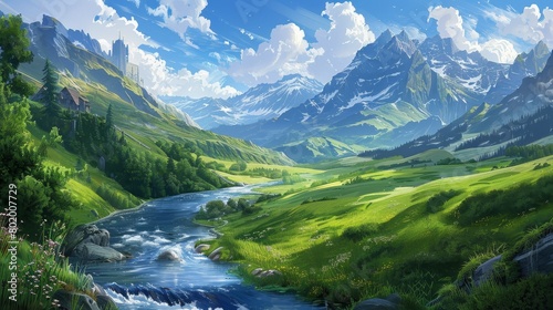 Flowing river and mountain scenery on easel art. Beautiful summer scene of Switzerland panorama illustration. Stream of flowing water and grassy landscape. © Mark