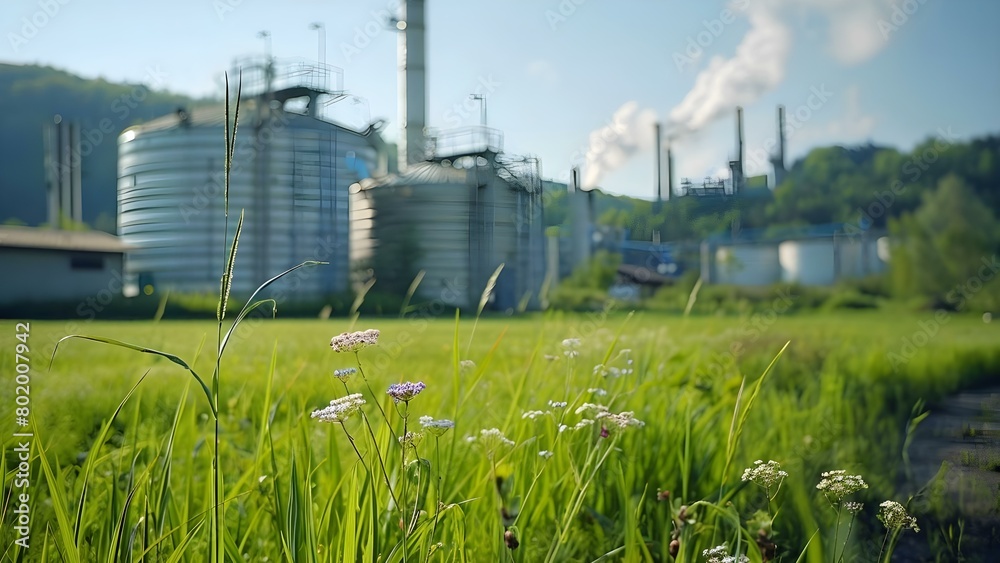 Fototapeta premium Ecofriendly biofuel storage tanks in a green grassy meadow near a factory. Concept Ecofriendly Fuel Storage, Green Meadow Setting, Factory Background, Sustainable Energy Solutions