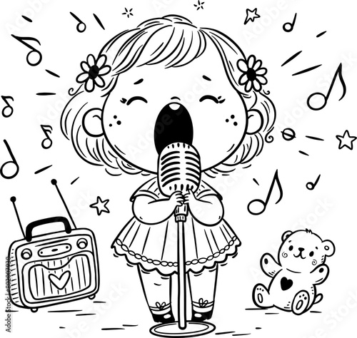 Cute cartoon little girl singing song into a microphone. Isolated black and white vector illustration
