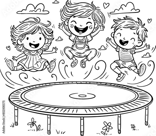 Cartoon happy kids jumping on trampoline. Children summer activities clipart. Blacka nd white vector illustration