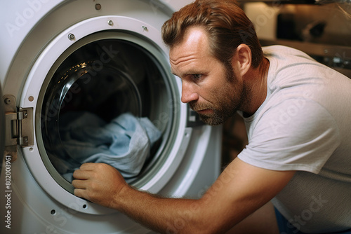 Young man doing laundry household chores generated with AI technology