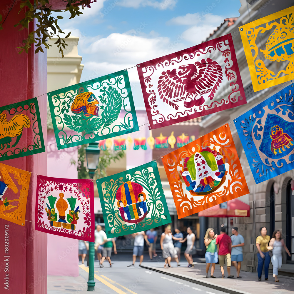 A vibrant and lively street corner adorned with beautiful papel picado banners. Each banner features intricately cut, colorful designs, symbolizing Mexican culture and tradition, 