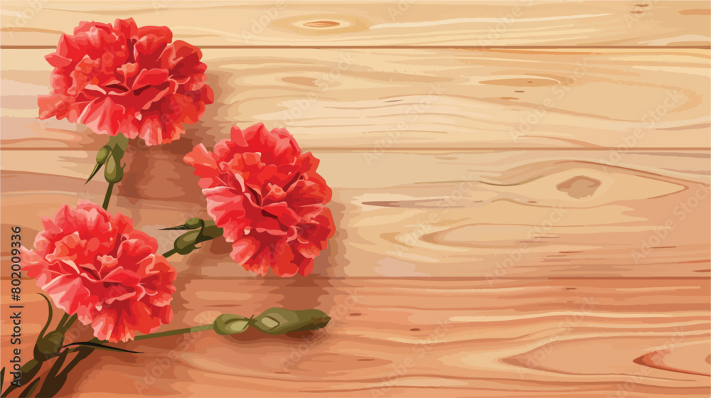 Fresh carnation flowers on wooden background Vector illustration