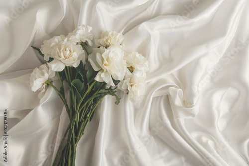 Watercolor painting featuring a bouquet of white flowers.  The bouquet should be depicted on white fabric, with a unique and neat presentation and clean background © Ahmed