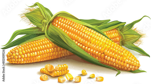 Fresh corn cobs on white table Vector illustration. Vector