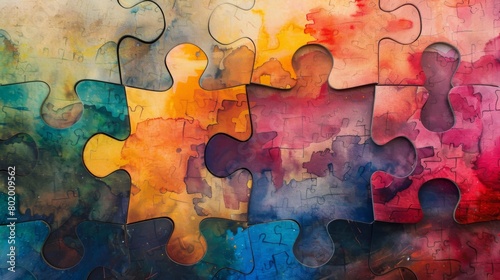 Interlocking puzzle pieces with a watercolor texture, symbolizing connection and diversity in a colorful, abstract design