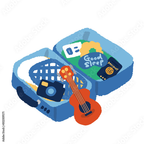開いたトランクと旅行準備のイラスト
