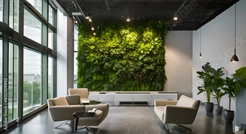 Green living wall with perennial plants in modern office Urban gardening landscaping interior design Fresh green vertical plant wall inside office photo