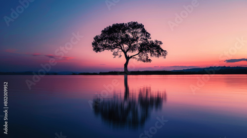 Solitude at Twilight: Silhouetted Tree by the Lake. Generative AI © Sascha