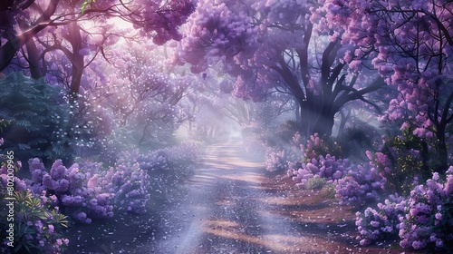 
Envision a breathtaking spring landscape where lilac trees are in full bloom, forming a magical forest scene