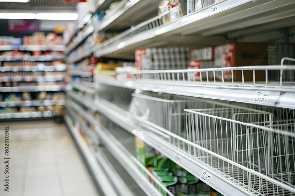 an empty shelf for product placement in the supermarket with blurred background an empty shelf for product placement in the supermarket with blurred background