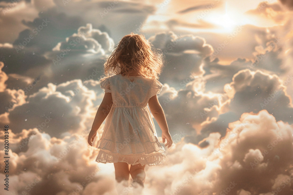 Small baby on clouds dramatic sunlight background made with generative AI Small baby on clouds dramatic sunlight background made with generative AI