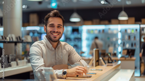 Smiling male seller in smartphone store	
