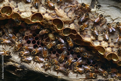 Detailed Macro Photograph of Varroa Mites Infesting Honeybee Colony in Beehive Comb photo
