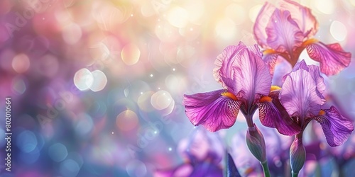 Iridescent iris flowers against a blurred light background with ample copy space