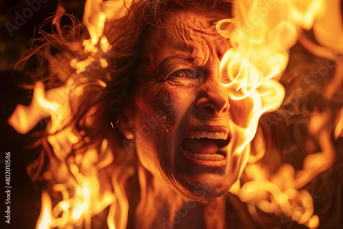 Generated with AI portrait of woman burning in hell flame background