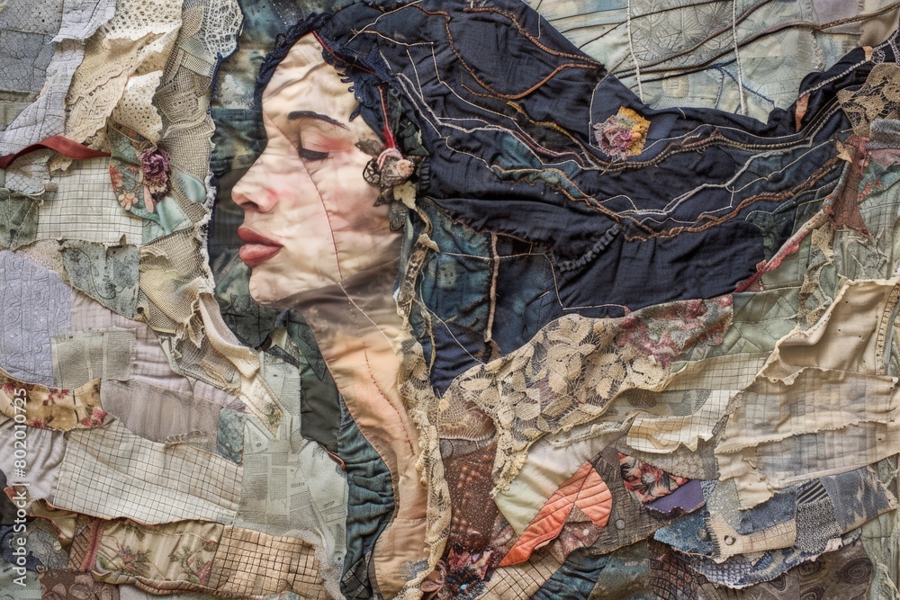 Artwork featuring a woman made entirely of textile pieces. Incorporate a variety of textures and techniques, using different fabrics such as silk, velvet, lace, and denim