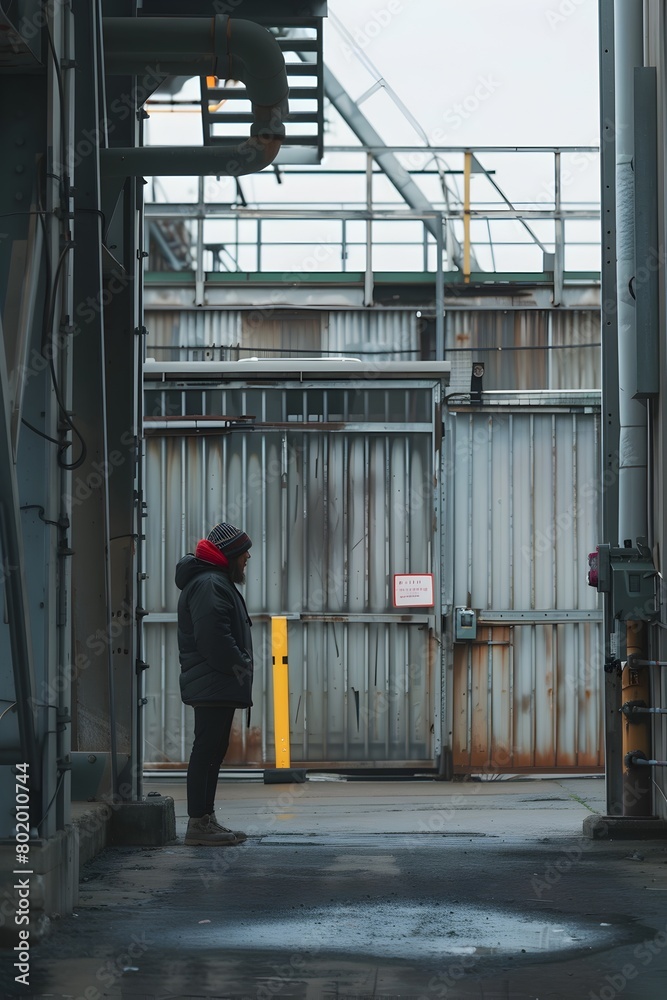 Factory Worker Standing Outside Closed Gate During Trade War Job Losses