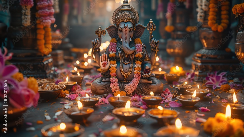 Lively Ganesha Surrounded by lights, diyas and decorations. It emphasizes their role in Hindu religious celebrations.