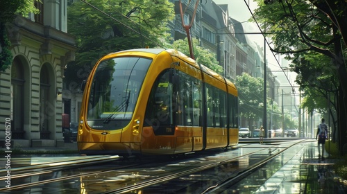 This is a conceptual depiction of sustainable public transportation systems, specifically focusing on the tram. The role of trams in reducing traffic congestion and environmental impact photo