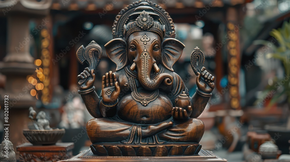 Obraz premium Ganesha statue made of brass placed on a wooden base. It is a symbol of wisdom and learning. It has an elephant's head and many arms.